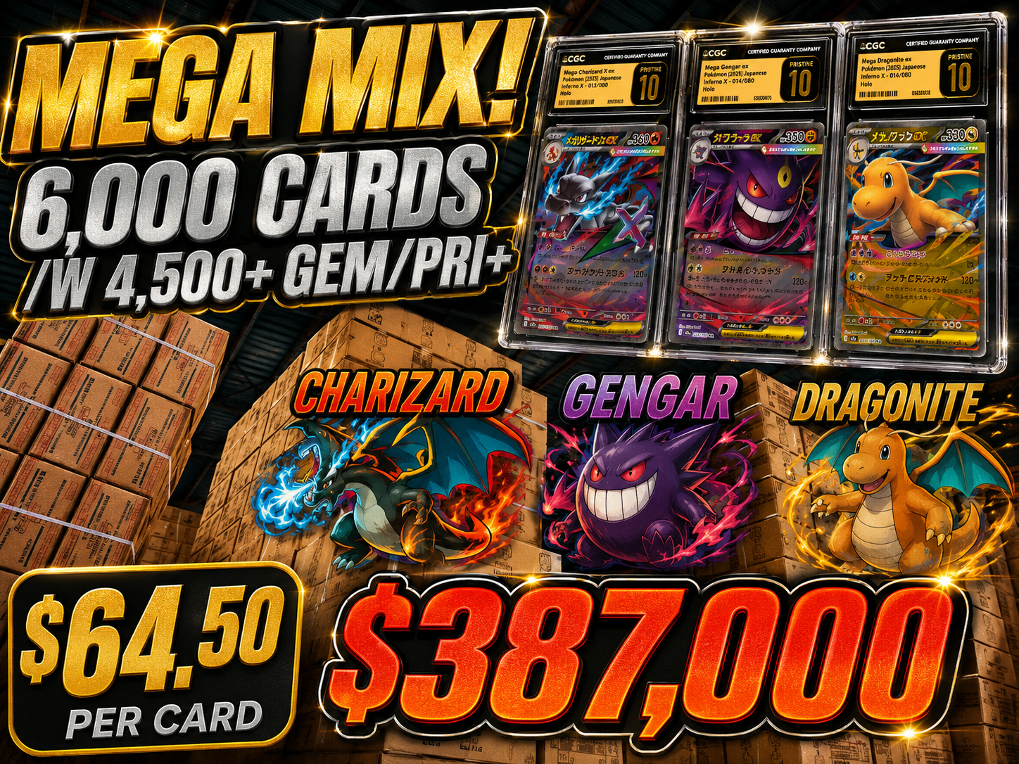 CAR3455964901 MEGA MIX 6,000 CARDS /W 4,500+ GEM/PRI+ CHARIZARD, GENGAR, & DRAGONITE - Image 1