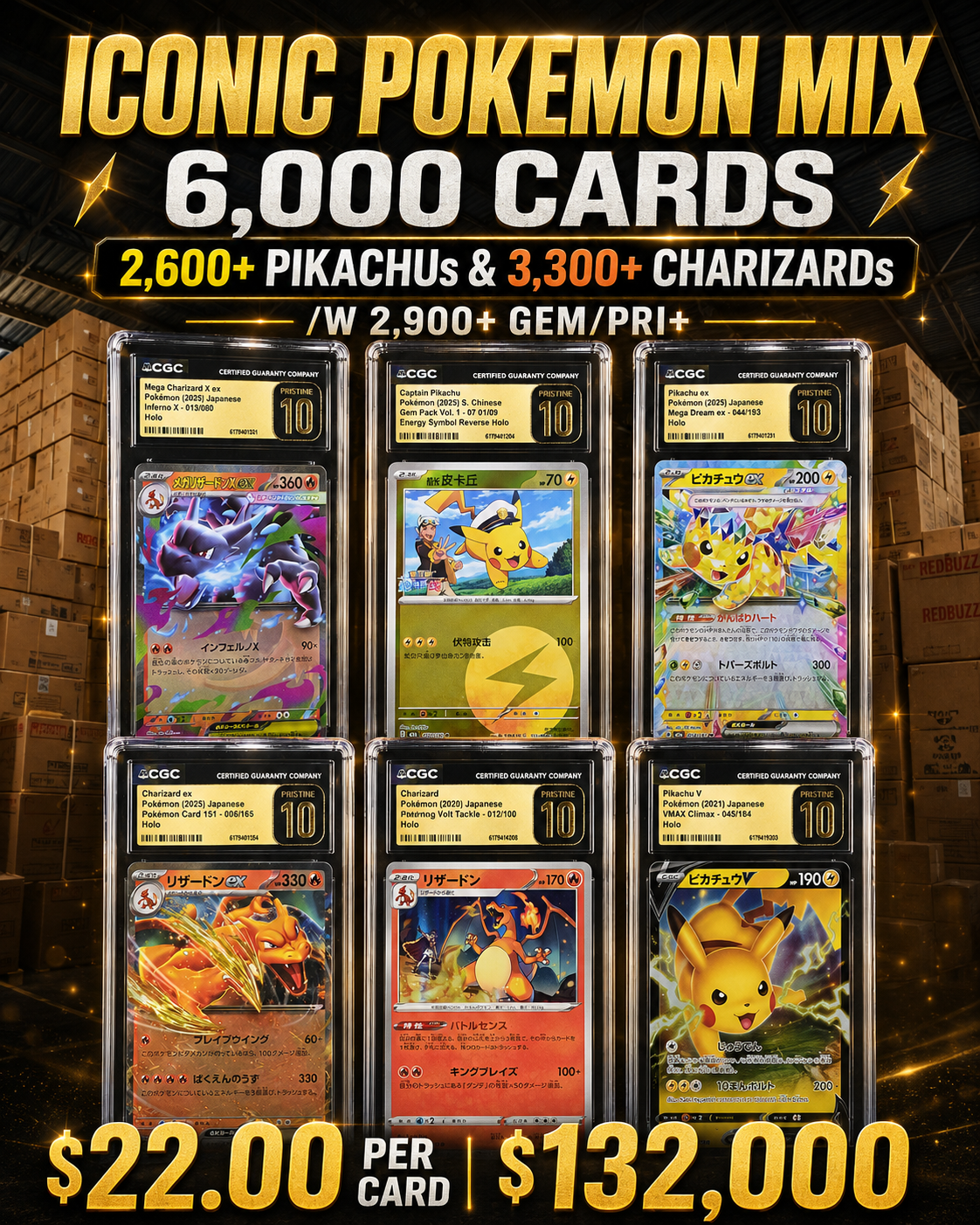 CAR6577700063 ICONIC POKEMON MIX 6,000 CARDS 2,600+PIKACHUs & 3,300+CHARIZARDs /W 2,900+GEM/PRI+ - Image 1
