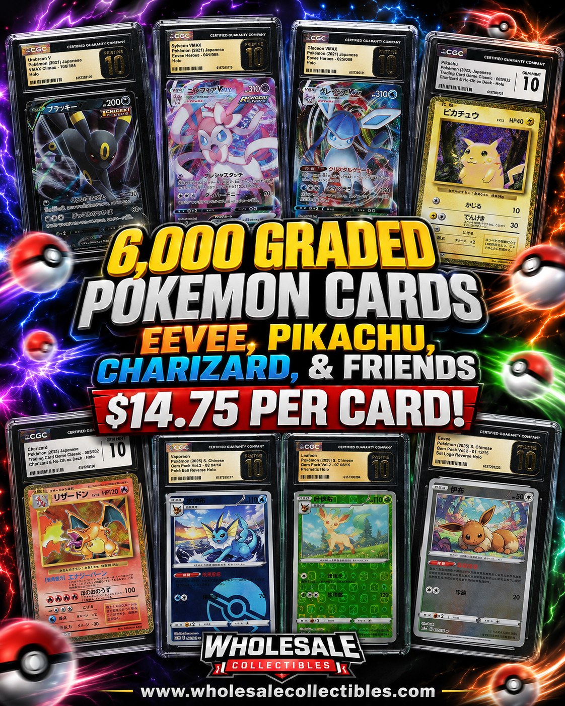 CAR0911514559 6,000 GRADED POKEMON CARDS EEVEE, PIKACHU, CHARIZARD, & FRIENDS - Image 1