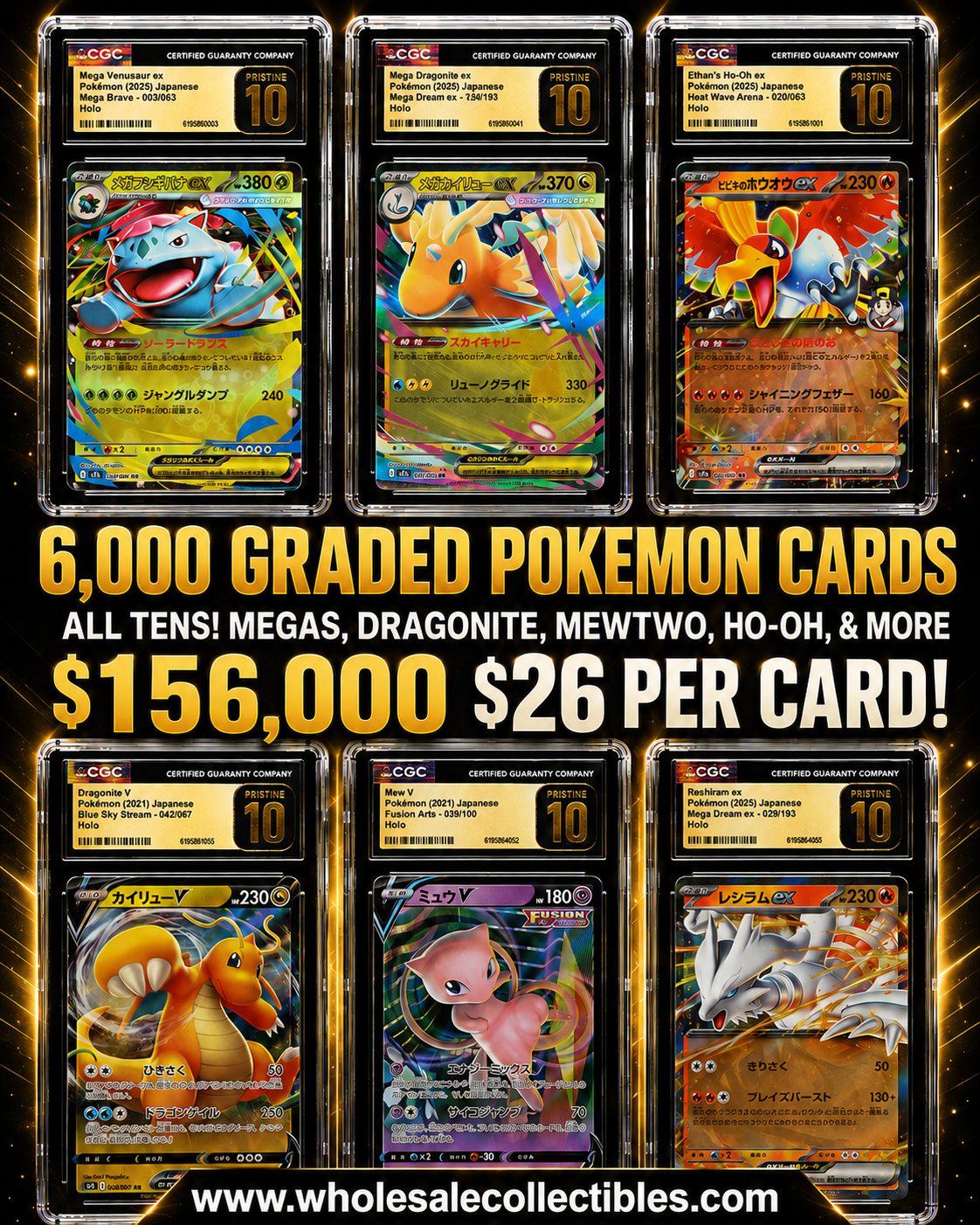 CAR6603925267 6,000 GRADED POKEMON CARDS ALL TENS! MEGAS, DRAGONITE, MEWTWO, HO-OH, & MORE - Image 1
