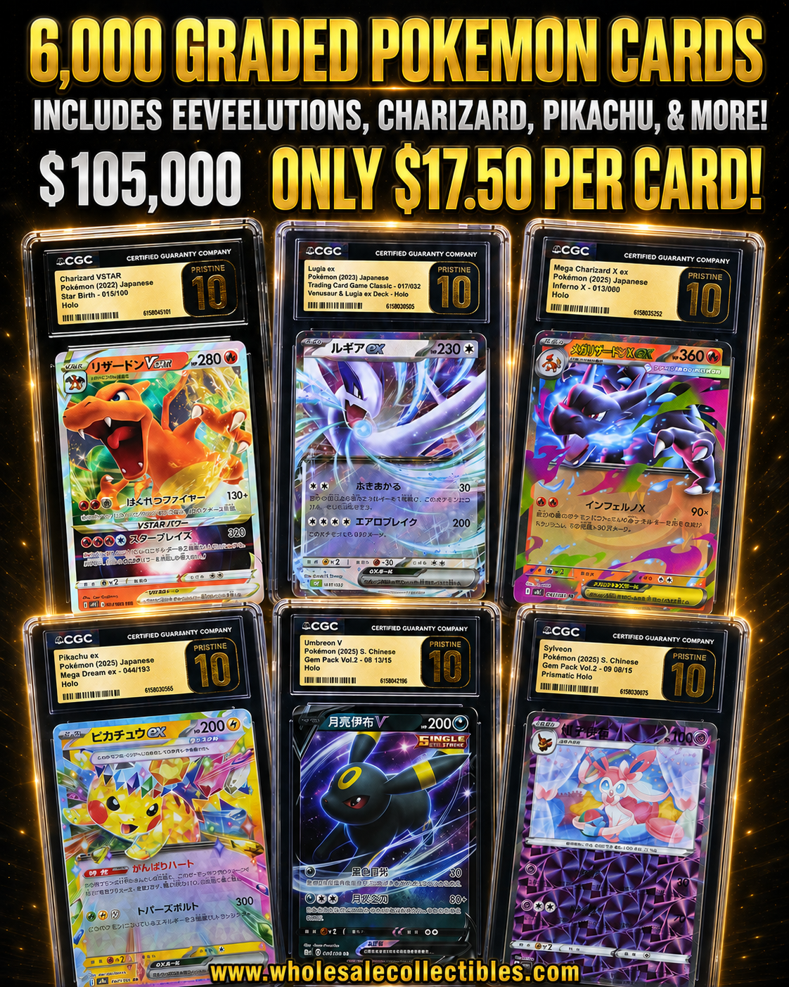 CAR6639397365 6,000 GRADED POKEMON CARDS INCLUDES EEVEELUTIONS, CHARIZARD, PIKACHU, & MORE! - Image 1